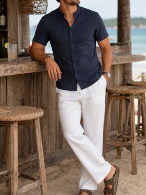 Zara Slim Fit Short Sleeve Mandarin Collar Button Up Shirt Men’s M Navy Cotton